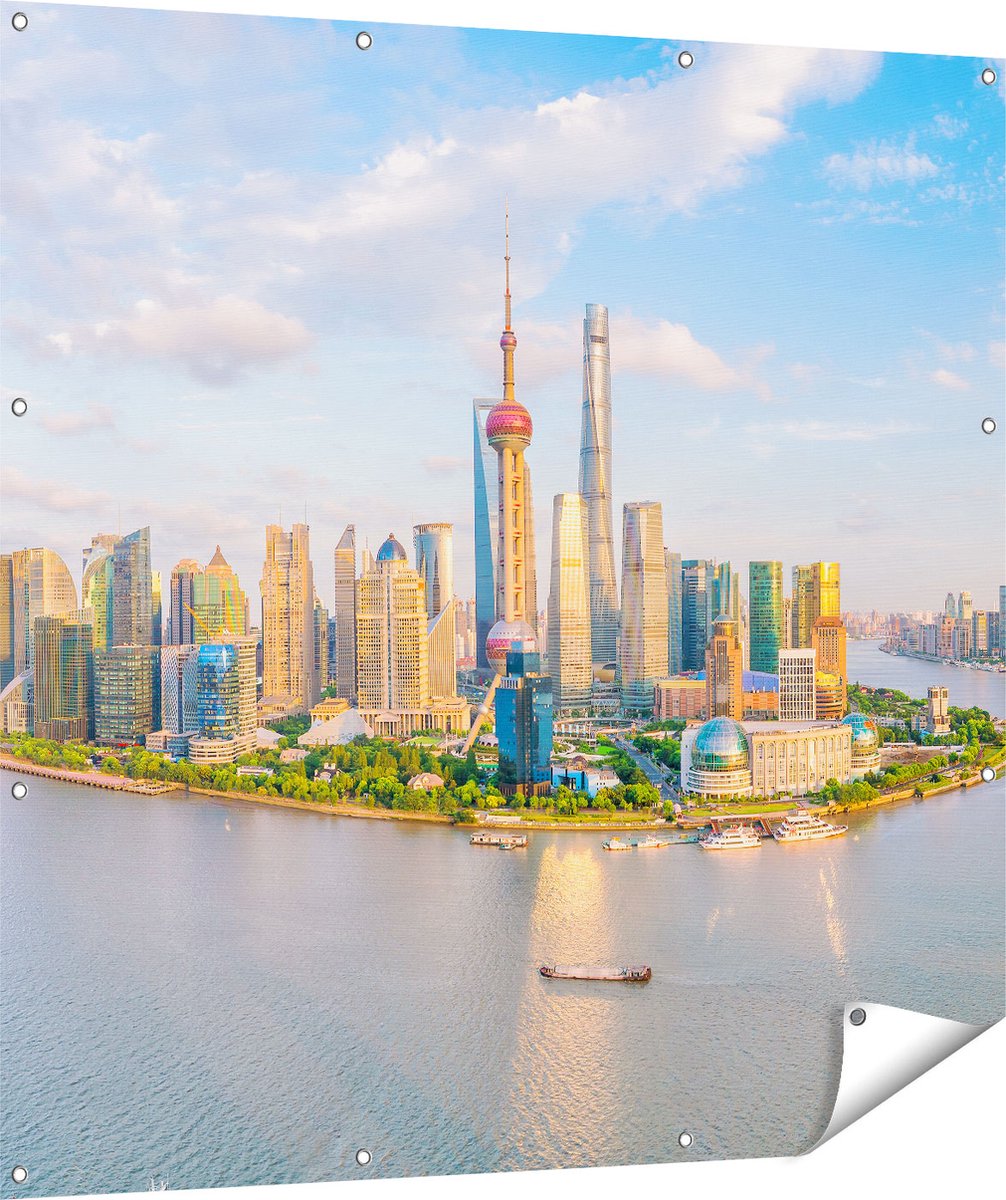 Gards Tuinposter Skyline Shanghai Stad in China - 120x120 cm - Tuindoek - Tuindecoratie - Wanddecoratie buiten - Tuinschilderij Multikleur