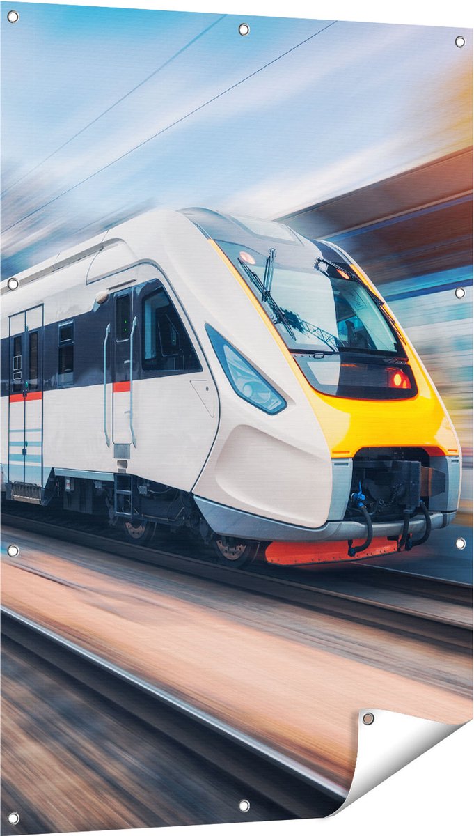 Gards Tuinposter Trein bij het Station - 80x120 cm - Tuindoek - Tuindecoratie - Wanddecoratie buiten - Tuinschilderij Multikleur