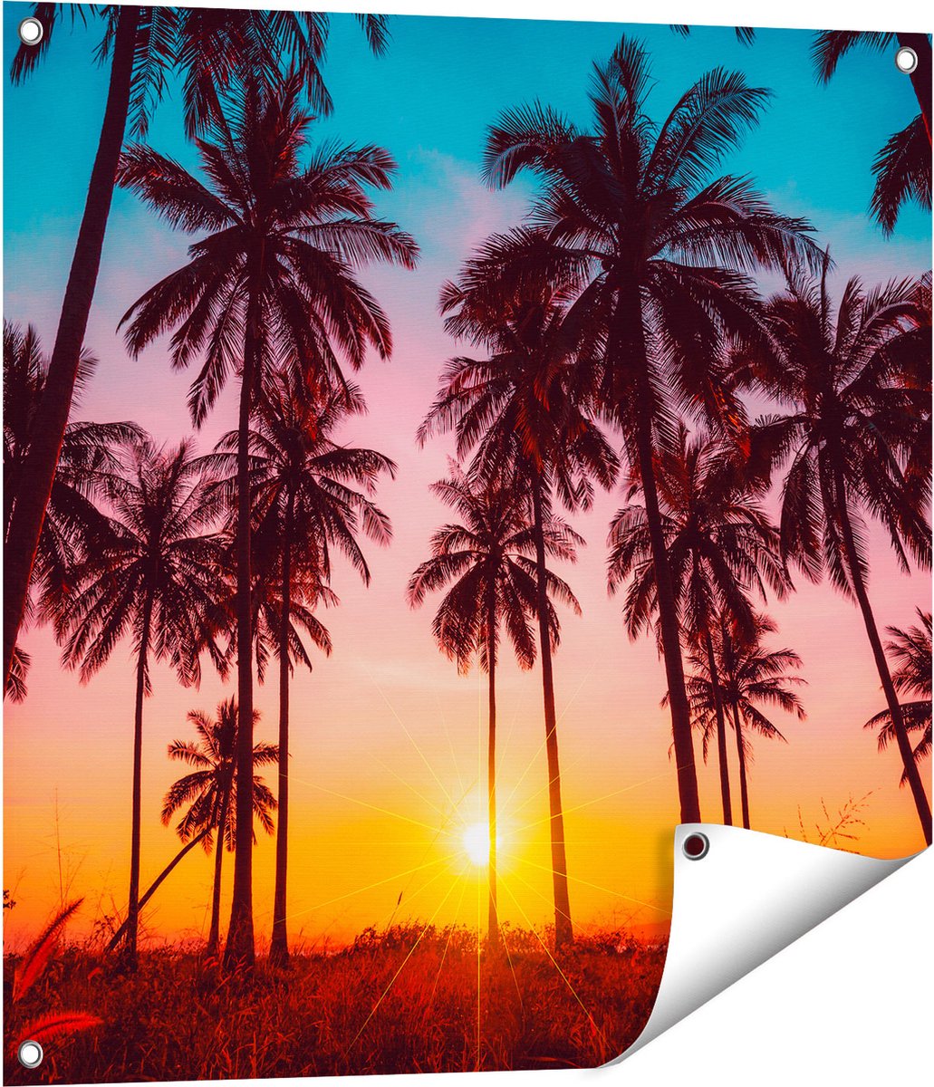 Gards Tuinposter Palmbomen op het Strand bij Zonsondergang - 70x70 cm - Tuindoek - Tuindecoratie - Wanddecoratie buiten - Tuinschilderij Multikleur