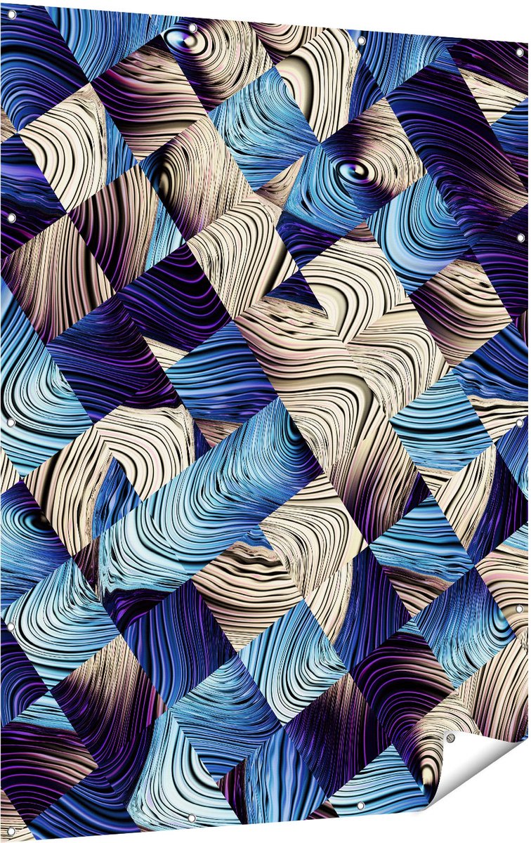 Gards Tuinposter Abstracte Kunst met Blauwe en Gouden Ruiten - 120x160 cm - Tuindoek - Tuindecoratie - Wanddecoratie buiten - Tuinschilderij Multikleur