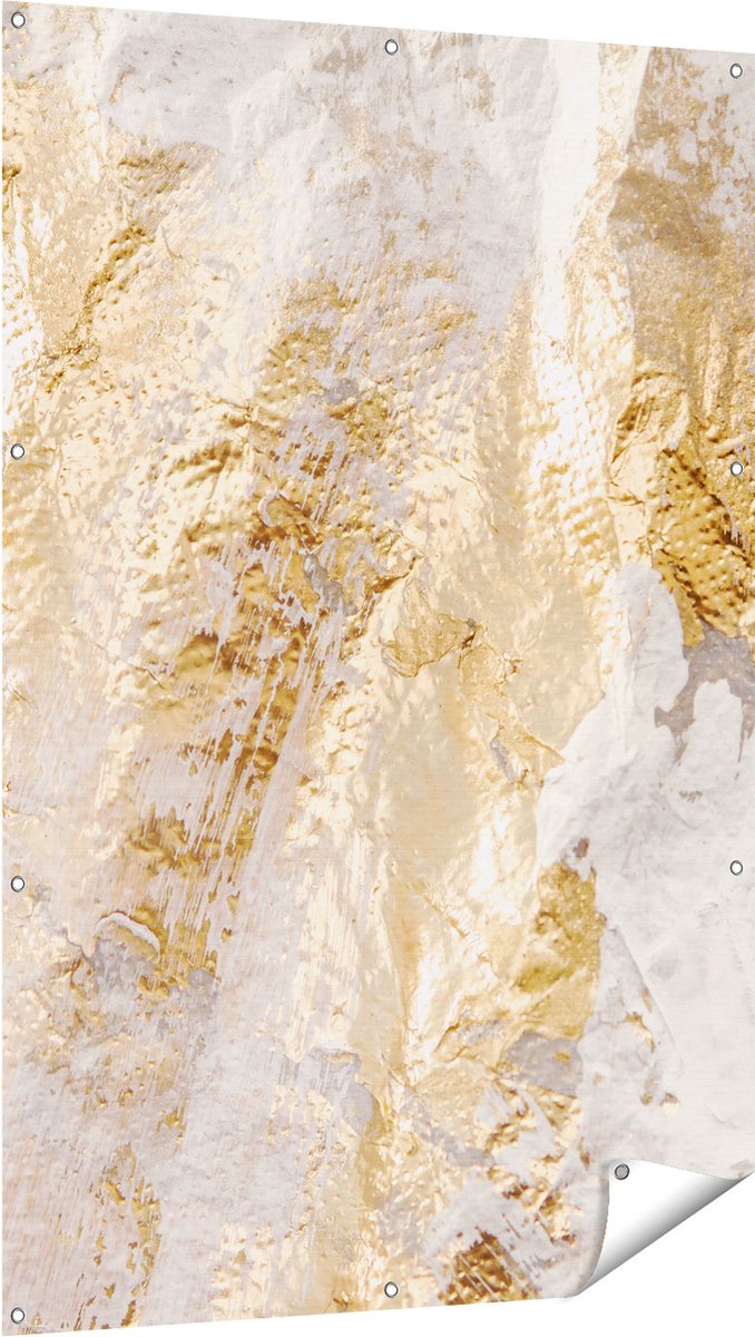 Gards Tuinposter Abstracte Kunst van Goud en Wit - 100x150 cm - Tuindoek - Tuindecoratie - Wanddecoratie buiten - Tuinschilderij Multikleur