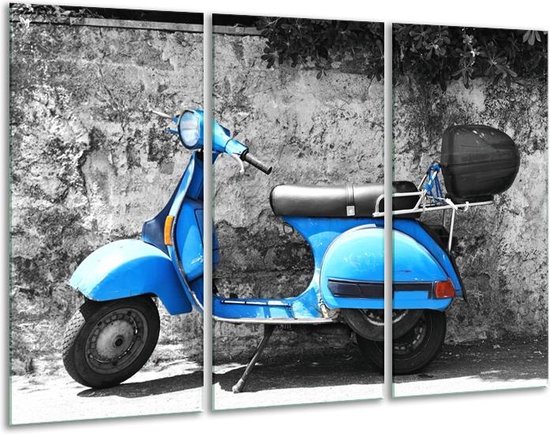 Glasschilderij Scooter, Motor - Grijs, Blauw - 120x80cm 3Luik - Foto Op Glas - Geen Acrylglas Schilderij - GroepArt 6000+ Glas Art Collectie - Maatwerk Mogelijk