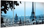 GroepArt - Glasschilderij - Parijs, Eiffeltoren - Grijs, Blauw - 160x80cm 4Luik - Foto Op Glas - Geen Acrylglas Schilderij - 6000+ Glasschilderijen Collectie - Wanddecoratie