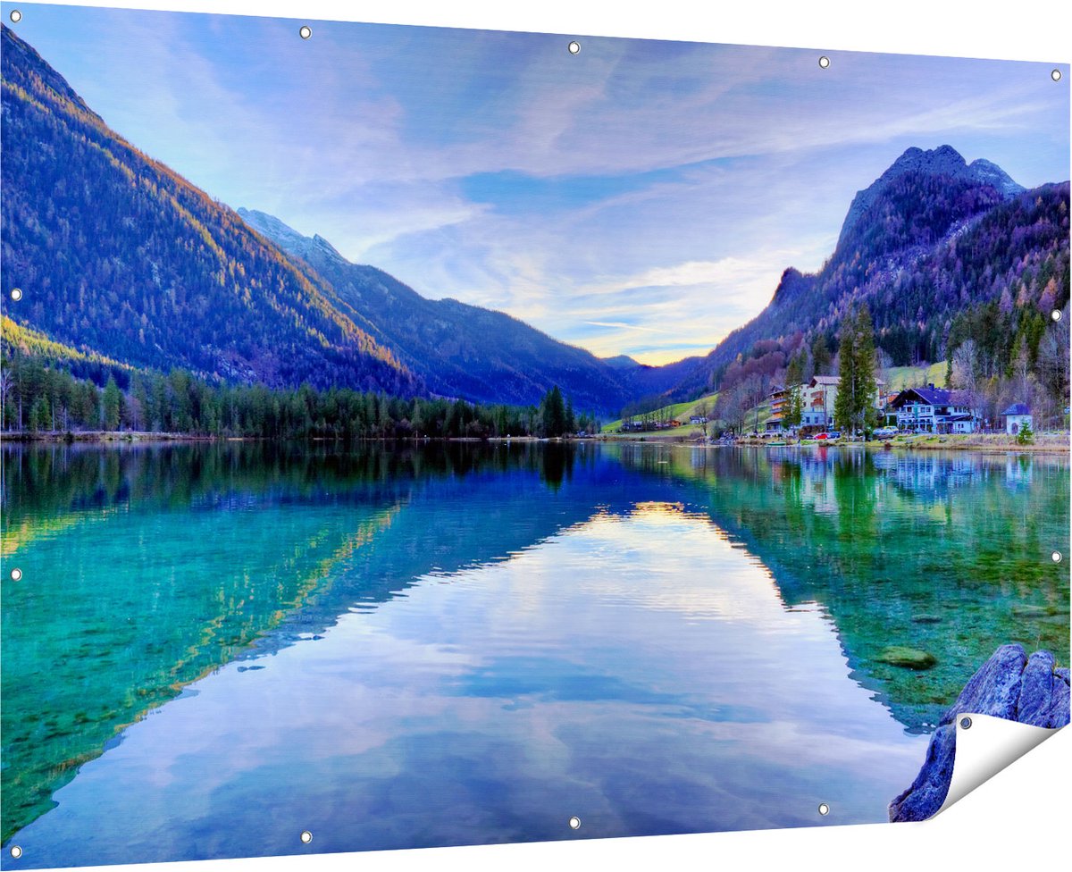 Gards Tuinposter Meer met Weerkaatsing in de Bergen - 180x120 cm - Tuindoek - Tuindecoratie - Wanddecoratie buiten - Tuinschilderij Multikleur