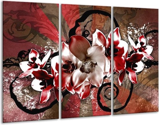 Glasschilderij Orchidee - Rood, Wit, - 120x80cm 3Luik - Foto Op Glas - Geen Acrylglas Schilderij - GroepArt 6000+ Glas Art Collectie - Maatwerk Mogelijk