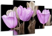 GroepArt - Schilderij -  Tulpen - Paars, Grijs - 160x90cm 4Luik - Schilderij Op Canvas - Foto Op Canvas