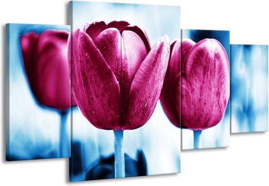 GroepArt - Schilderij -  Tulp - Roze, Blauw - 160x90cm 4Luik - Schilderij Op Canvas - Foto Op Canvas