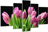 Glasschilderij Tulpen - Roze, Zwart, Groen - 170x100cm 5Luik - Foto Op Glas - Geen Acrylglas Schilderij - 6000+ Glasschilderijen Collectie - Wanddecoratie