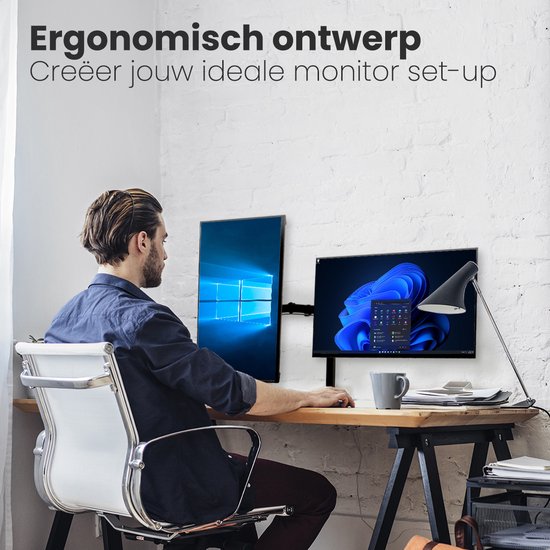 Auronic Monitor Arm - 2 Schermen - 13 tot 27 Inch - Verstelbaar - Draai, Kantel en Zwenkbaar - Dubbele Monitor Beugel - Staal - Zwart