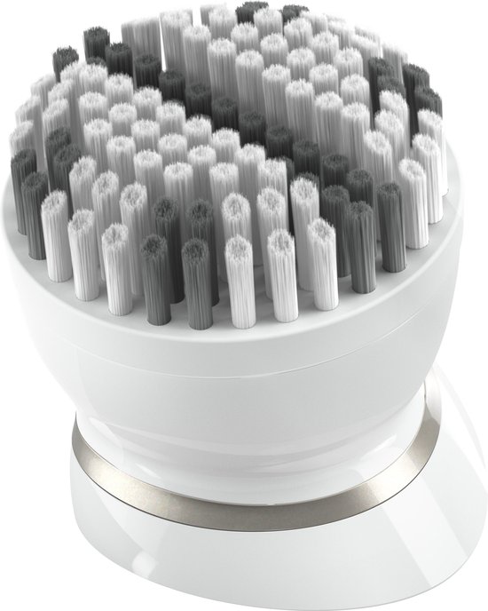 Witte opzetborstel voor gezichtsreiniging van Philips, met afwisselend witte en donkergrijze borstelharen.