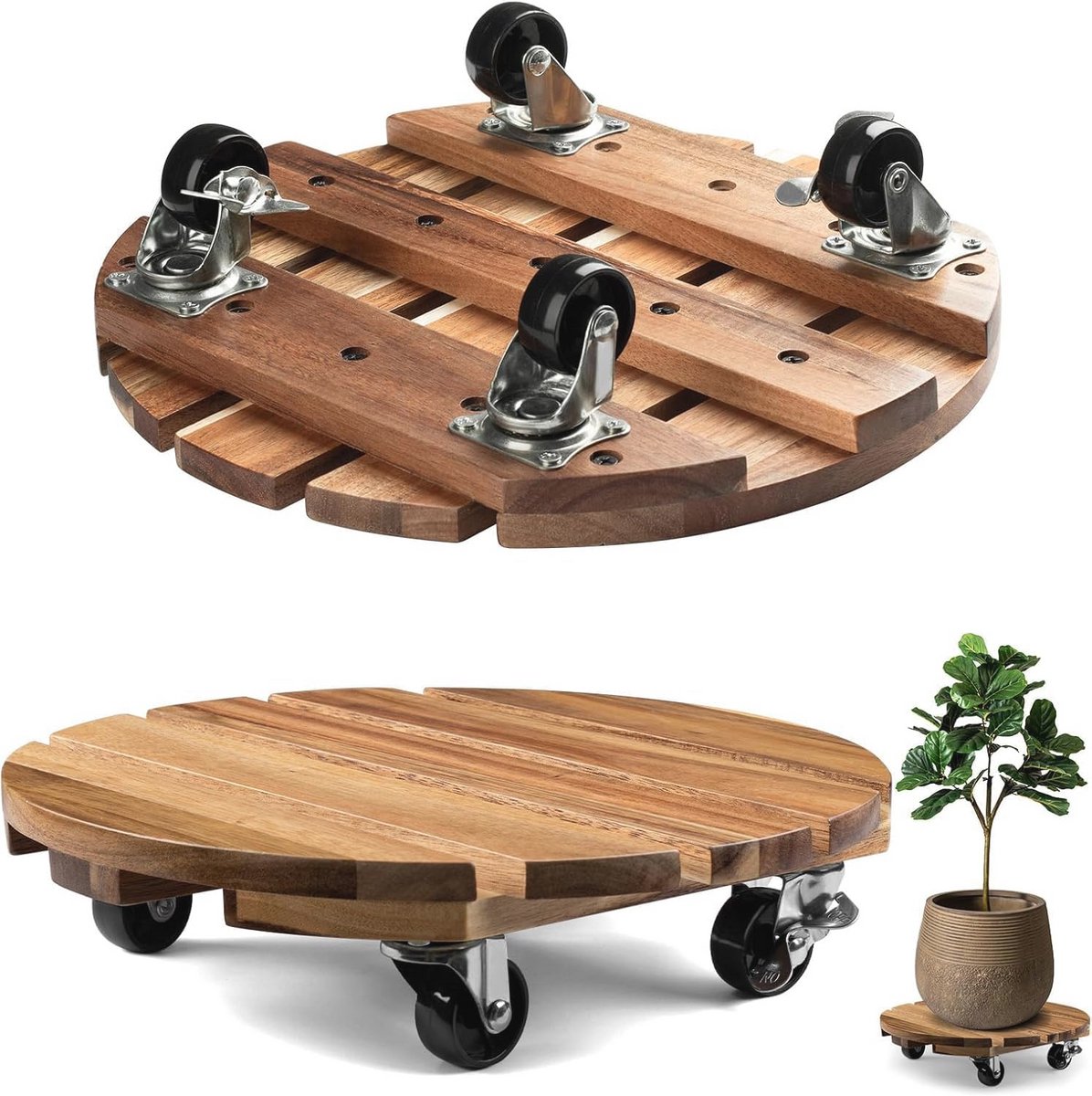 Houten Plantenstandaard met Wielen - Set van 2 - Voor Binnen en Buiten - Sterke Plantenwagons Met Antislip Wielen