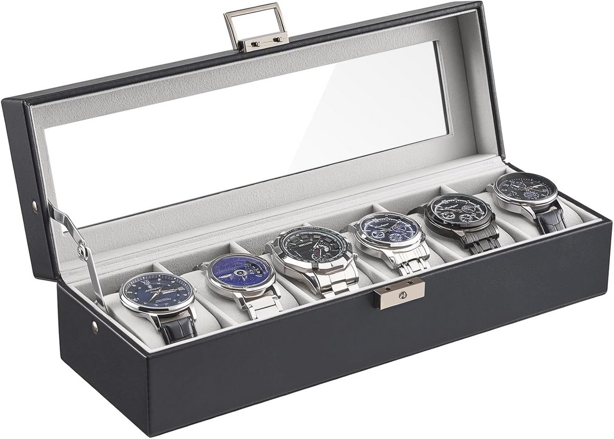 Watch Box met 6 Compartimenten voor Horloges - Draagbare Horloge Organizer van PU Leer - Antistof en Krassen, Zwart