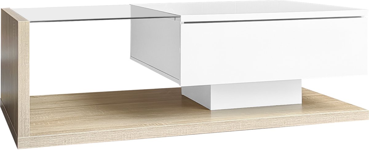 MODFU Salontafel 105x55x32,5 cm van spaanplaat & gehard glas, hoogglans wit/naturel met 16-kleur LED