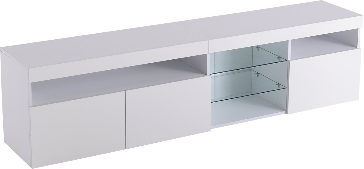 MODFU TV-meubel 180x35x48 cm van MDF en glaslaminaat, wit hoogglans fronten met variabele LED