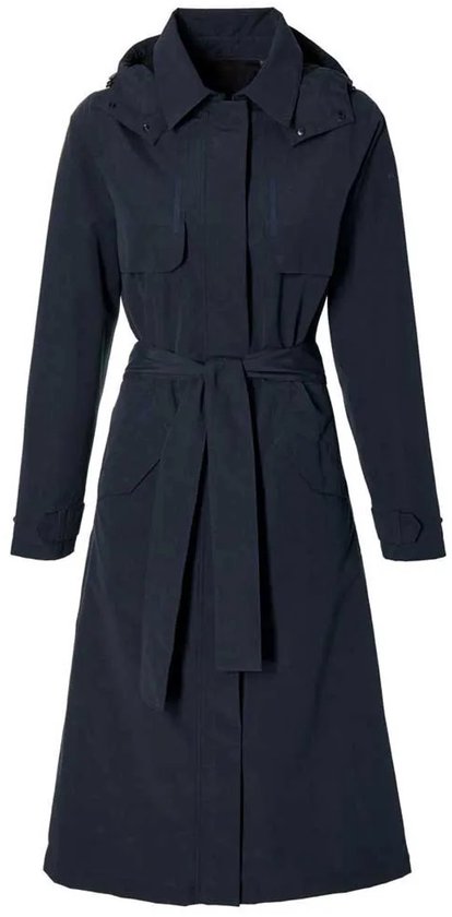 Donkerblauwe lange regenjas met capuchon, ceintuur in de taille en opgestikte zakken.