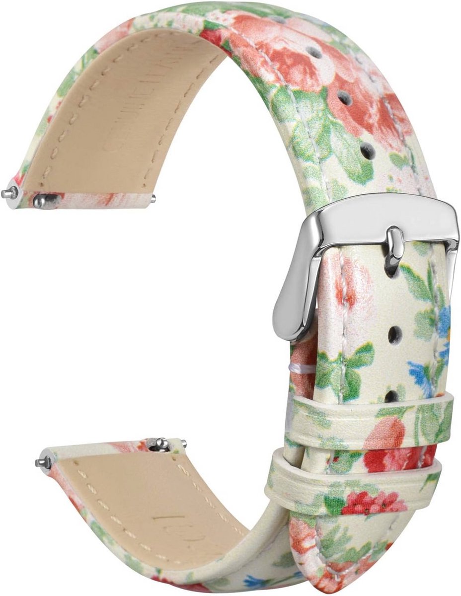 20mm Bloem Horlogeband voor Dames, Echt Leer met Snelsluiting en Zilveren Gesp