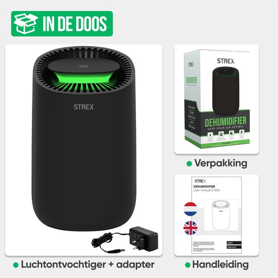 Zwarte Strex luchtontvochtiger met adapter en handleiding in de doos.