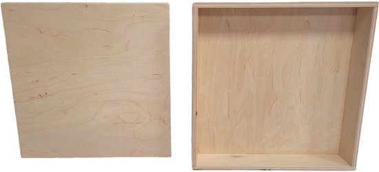 Een houten bak en een deksel, beide met zichtbare houtnerven.