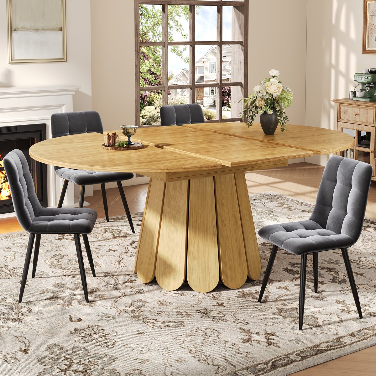 Wishdor Eettafel 118(158)x118x76.8cm(L x B x H), rond en uitschuifbaar, MDF met naturel houtlook, vintage stijl Natuurlijk+hout