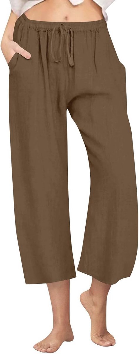 Dames Linnen Broek met Wijde Pijpen en Elastische Taille - Casual Zomerbroek met Zakken, S-3XL