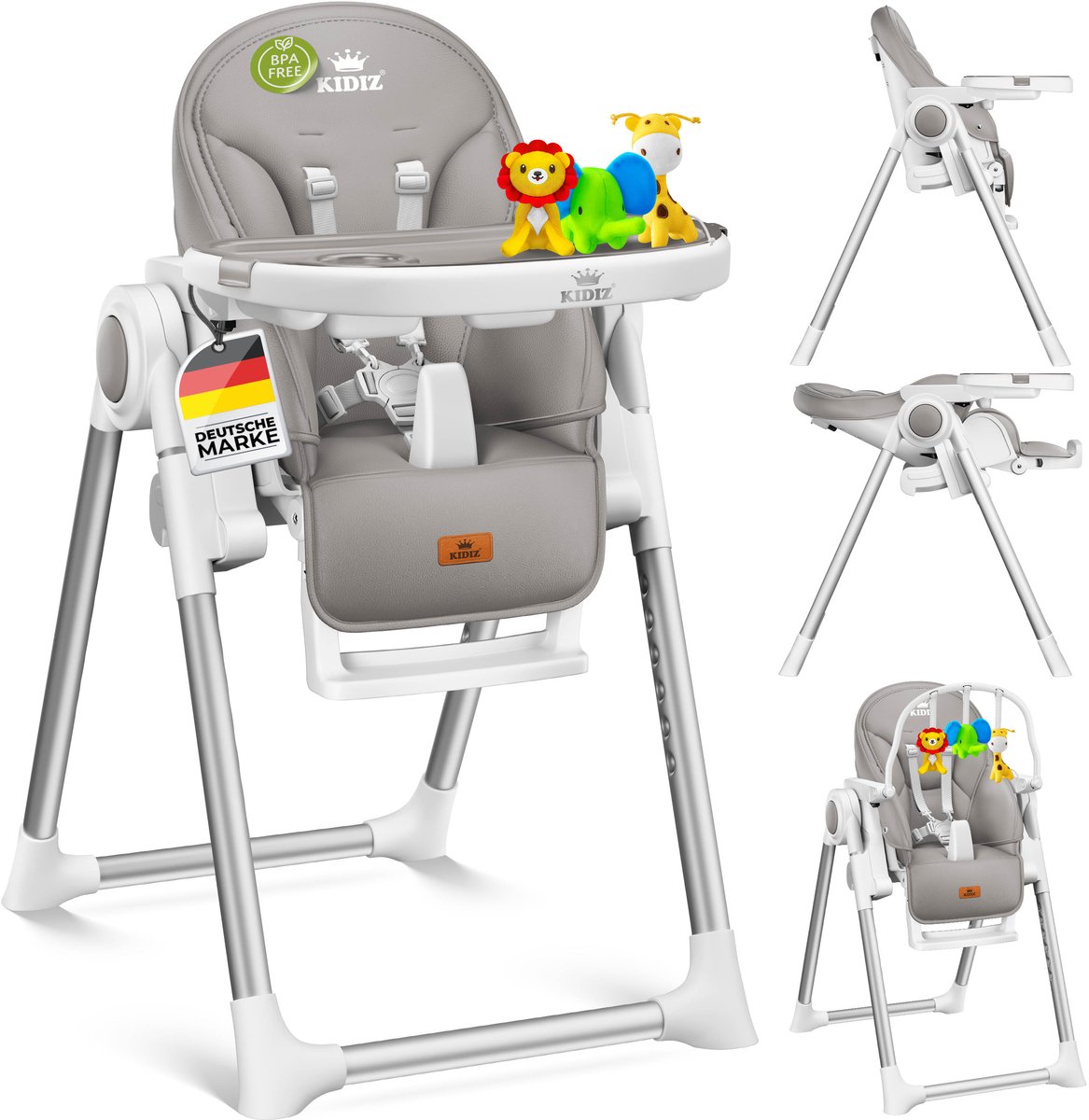 KIDIZ® 3in1 kinderstoel incl. speelbar, Eetstoel, Babystoel, combinatie kinderstoel, 7 in hoogte verstelbare rugleuning, meegroei van 0 maanden tot 6 jaar - Lichtgrijs