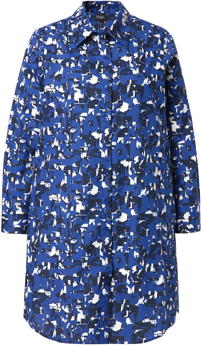 Ulla Popken - Dames - Lange blouse letters A-lijn overhemdkraag lange mouw - Inktblauw - Maat 58+