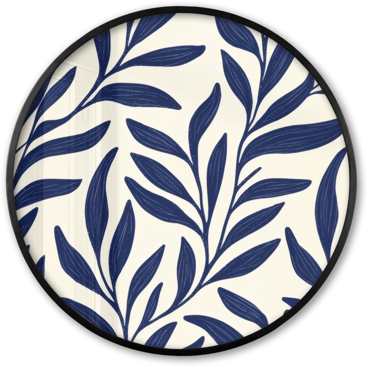 FrameYourWall Poster in lijst Rond - Fotolijst 80x80 cm - Posters - Bladeren - Klimop - Donkerblauw - Ronde posterlijst zwart - Decoratie - Wanddecoratie woonkamer - Muurdecoratie slaapkamer