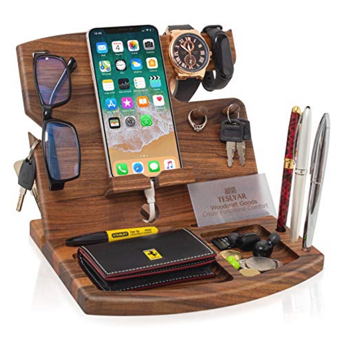 Houten Telefoon Docking Station met Sleutelhangers en Wallet Organizer