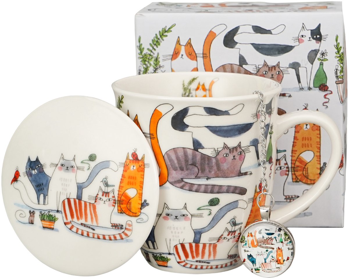 Duo Gifts - Theeset Lazy Cats - Mok Porselein met katten - Cadeaudoos