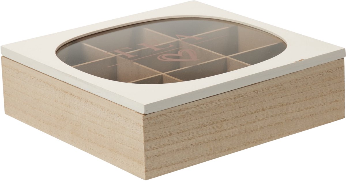 Excellent Houseware Theedoos - 9-vaks - wit/bruin MDF - 24 x 24- theekist - kunststof kijkvenster