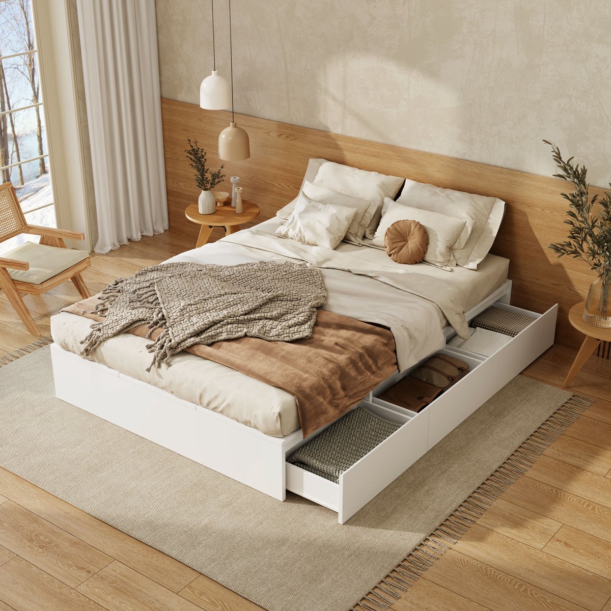 REDOM Bedframe 140x200 cm van MDF, met grote opbergruimte en 3 zijladen, wit, strak design