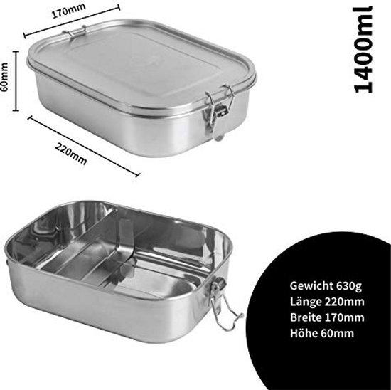 Lekvrije roestvrijstalen lunchbox - BPA-vrij, plasticvrij met snijplank en katoenen tas - ideaal voor kinderen en volwassenen (1400 ml) — afbeelding 3