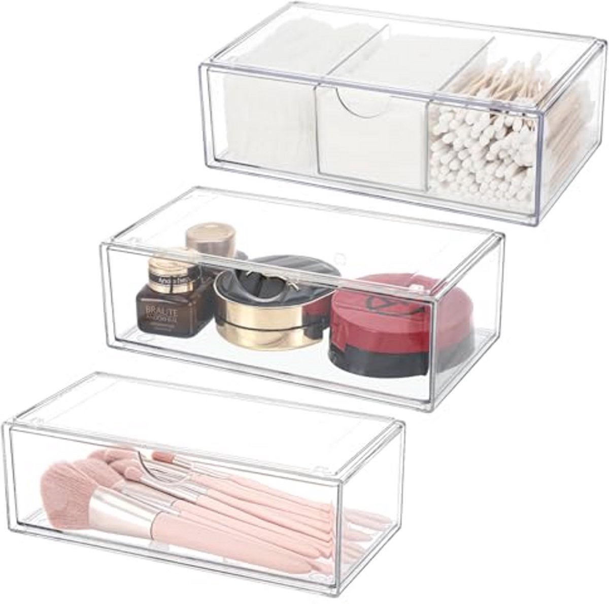 3-delige transparante cosmetica-organizer set voor badkamer en bureau