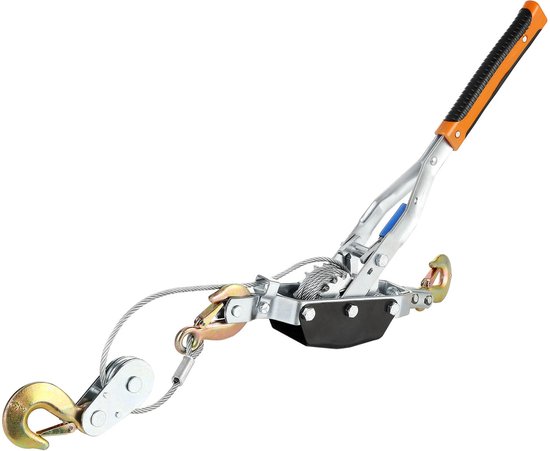 Een VEVOR handlier met oranje en zwarte handgreep, staalkabel, staal en aluminium onderdelen.