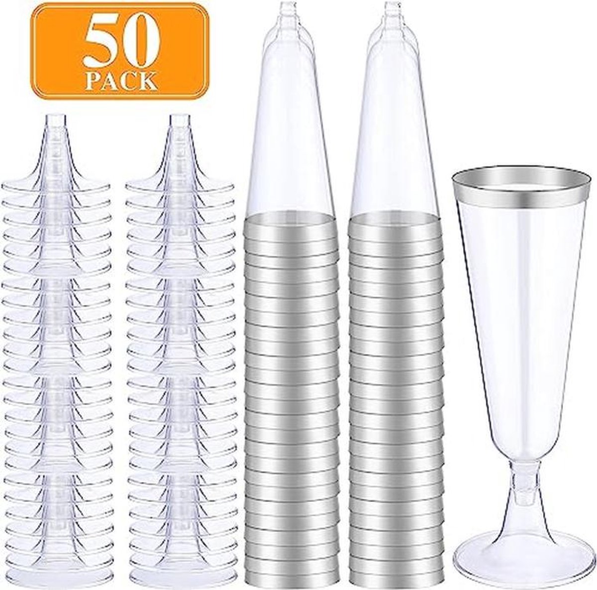 Champagnefluiten 50 stuks 4 oz - Heldere Glazen met Zilveren Rand