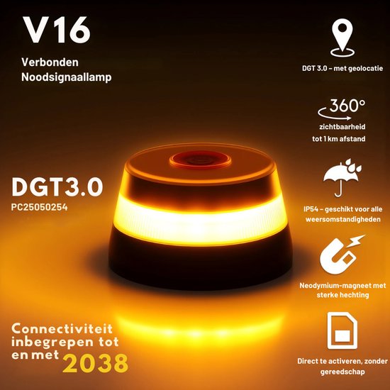V16 Alarmlicht Spanje – Met GPS & Geactiveerde SIM t/m 2038 – DGT 3.0 Gecertificeerd – Wettelijk Goedgekeurd voor Spanje – Auto Waarschuwingslicht