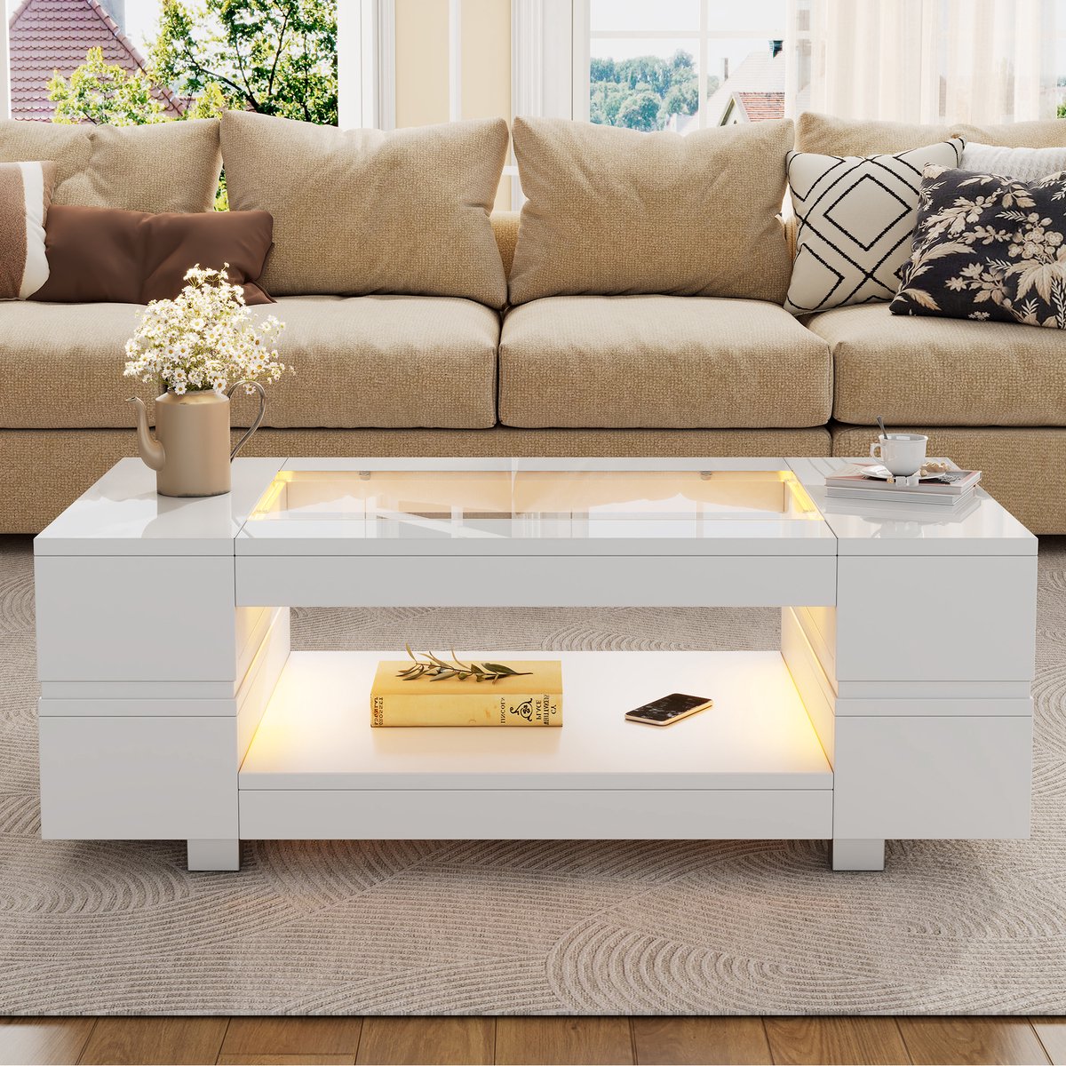Wishdor LED-couchtisch met app-bediening, wit hoogglans met glazen blad en hol design, 100×50×35 cm, 60.000 kleuren
