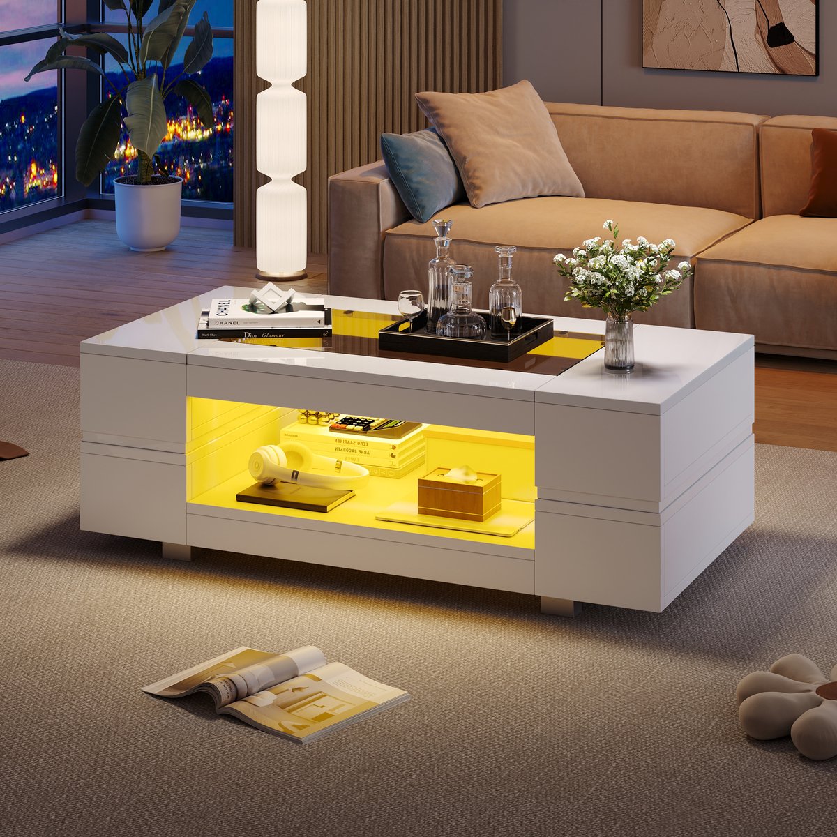 REDOM LED-salontafel wit met app-bediening en Bluetooth, 100×50×35 cm, hol ontwerp met glasplaat en 60.000 kleuren