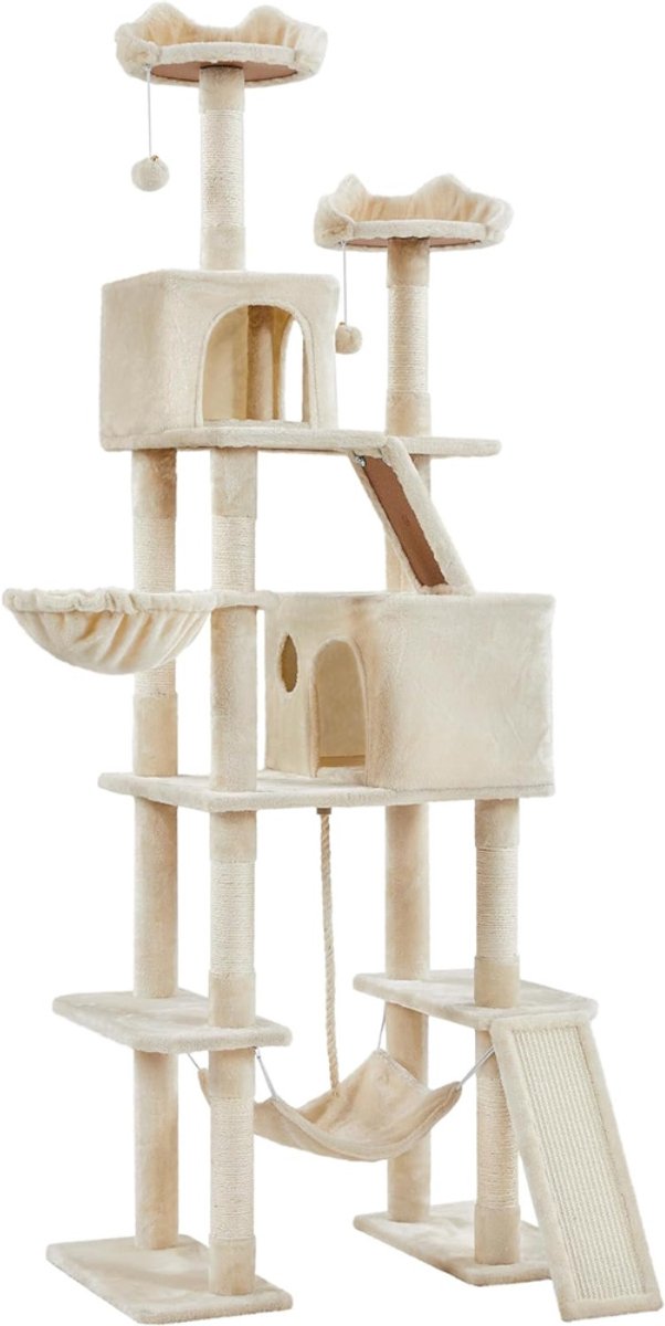 Yaheetech Krabpaal 209 cm hoog tot aan het plafond, XXL grote krabpaal, stevige klimpaal met sisaltouw, mand, hangmat