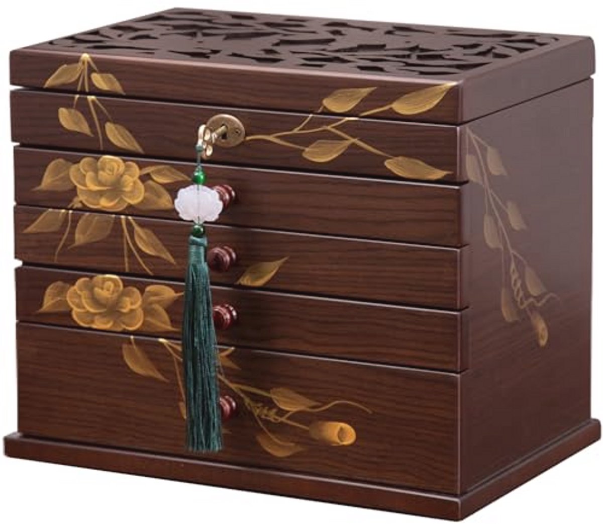 Handgetekende roos sieraden doos - 5-laags houten organizer met 4 laden en slot, vintage multifunctionele opbergdoos