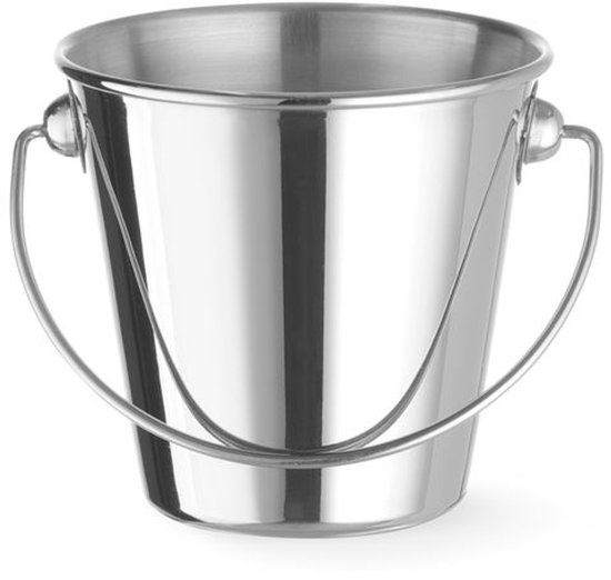 Zilverkleurige roestvrijstalen serveeremmer met handgreep, 9 cm diameter.