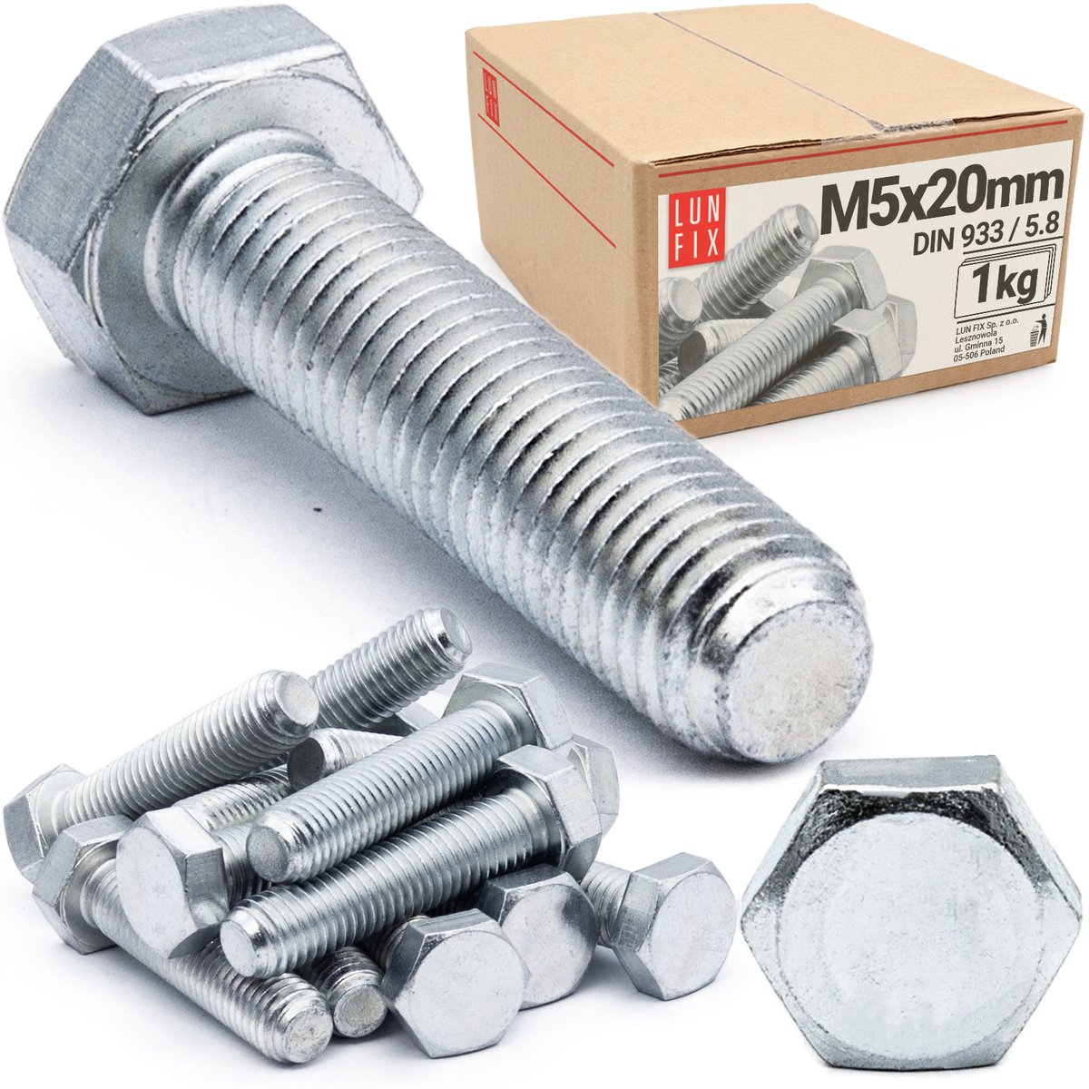 LUN FIX - Zeskantschroeven M5x20 - 1 kg (ca. 250 stuks) - DIN 933 Volledige schroefdraad - verzinkt staal