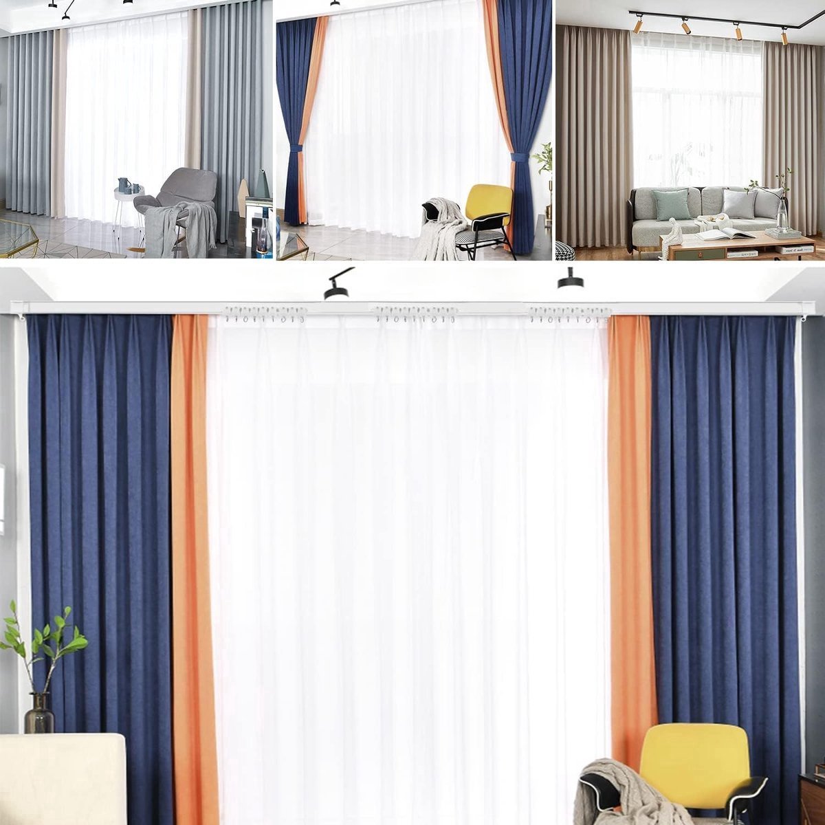 Stunq® 5 meter flexibele gordijnrail, gordijnrail, flexibel en gebogen, plafondrail, gordijnrailsysteem met haken voor gordijnen, campergordijnrail, roomdivider, douchegordijn