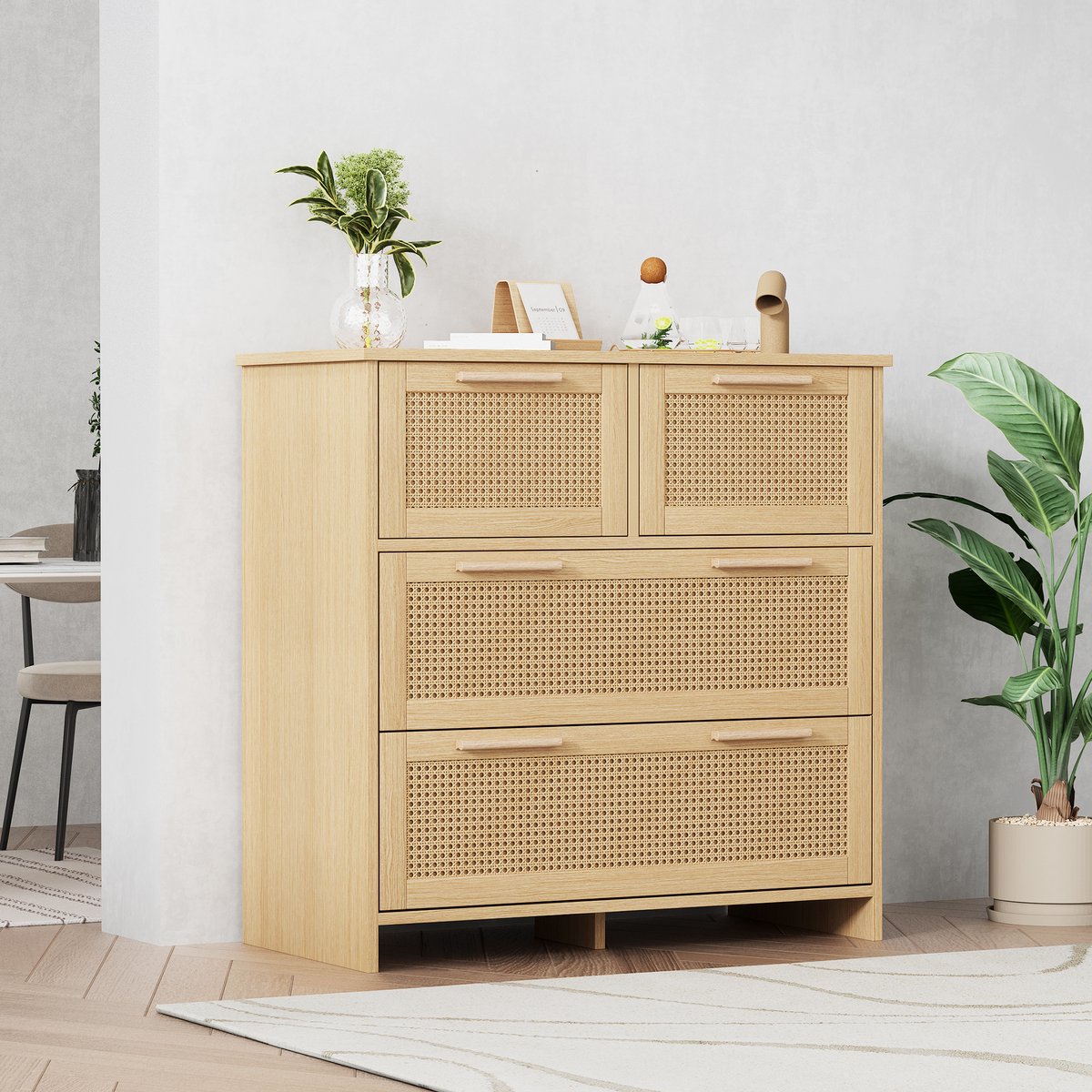 Wishdor Ladekast Met 4 Lades - Rotan Ladefronten - Antikantelvoorziening - Natuurlijk - MDF En Massief Houten Handgrepen - 80 x 80 x 38 cm