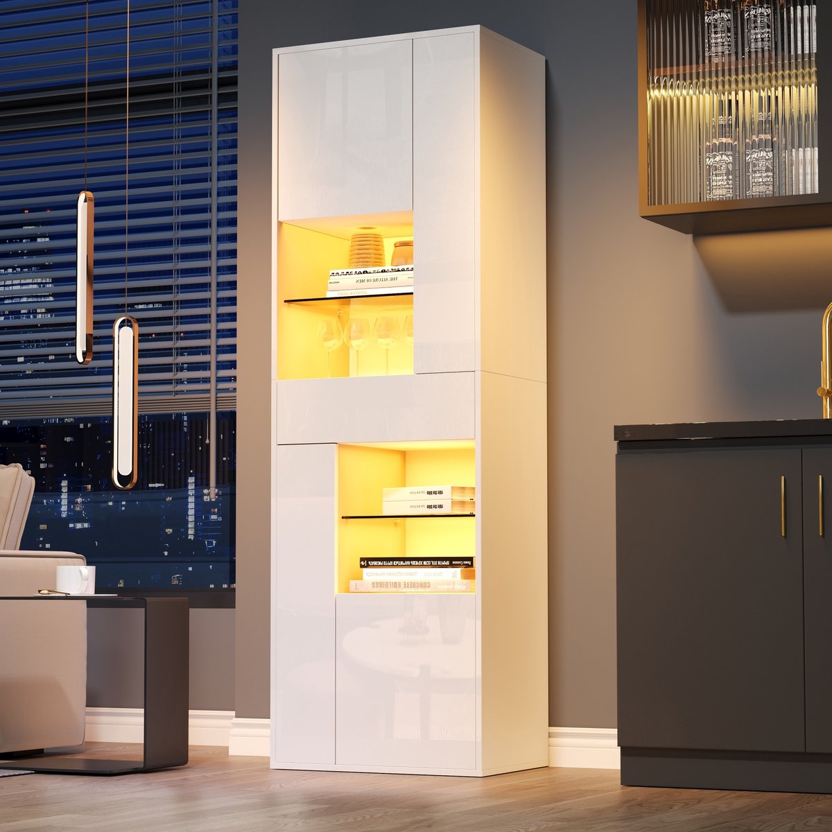 Wishdor Vitrinekast met Smart LED Verlichting - App Bediening - Hoogglans Wit - 4 Deuren - 55x38x170 cm