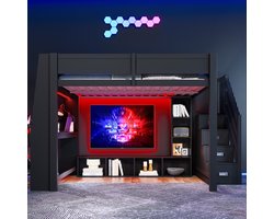 Re-purelife® Tweepersoons Hoogslaper 140x200 cm Zwart - Stevige Tweepersoonsbed Met Bureau, Kasten & Trap - Stapelbed met Ingebouwde LED Verlichting - Massief Houten Frame - Uitgebreide Opbergruimte