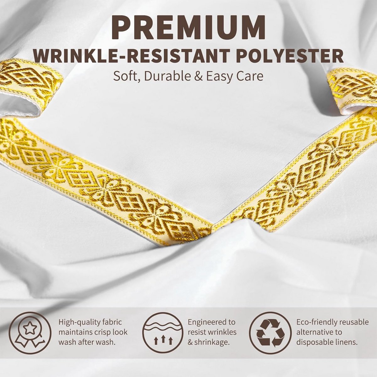 Set van 2 Witte Vierkante Tafelkleden met Gouden Jacquard Rand, 132 x 132 cm