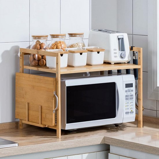 OHMG Magnetronrek, 2 verdiepingen, keukenwerkblad met 3 haken en kleefplaat, bamboe ovenrek, om op te hangen, multifunctionele organizer voor de keuken (52 x 30 x 35 cm