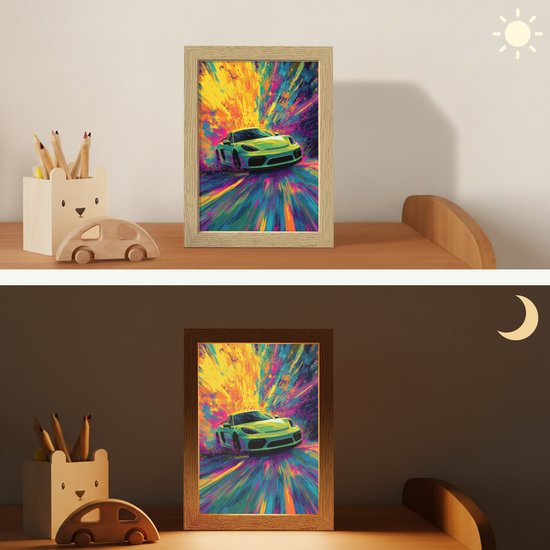 Nachtlampje 15x20 cm - Kinder lampje - Sportauto - Groen - Verfstrepen - Kleuren - Tafellamp kinderkamer - Slaapkamer lamp - Bedlamp kinderen - Kinderlampje stopcontact - Wandlamp babykamer - Nachtlampjes van Merkloos — afbeelding 4