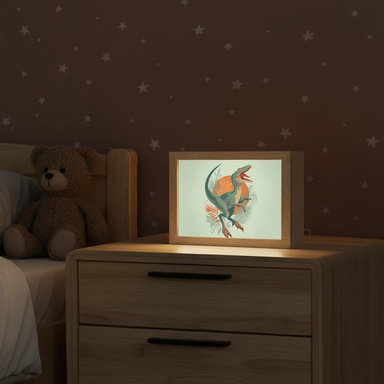 Nachtlampje 20x15 cm - Kinder lampje - Dino - Bladeren - Grafisch - Groen - Tafellamp kinderkamer - Slaapkamer lamp - Bedlamp kinderen - Kinderlampje stopcontact - Wandlamp babykamer - Nachtlampjes van Merkloos — afbeelding 2